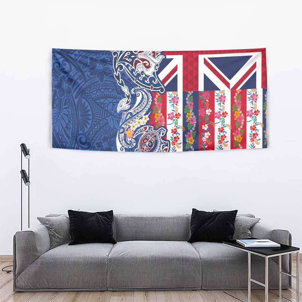 Hawaiian Manta Ray and Turtle Tribal Tattoo Tapestry With Hawaii Flag and Flowers