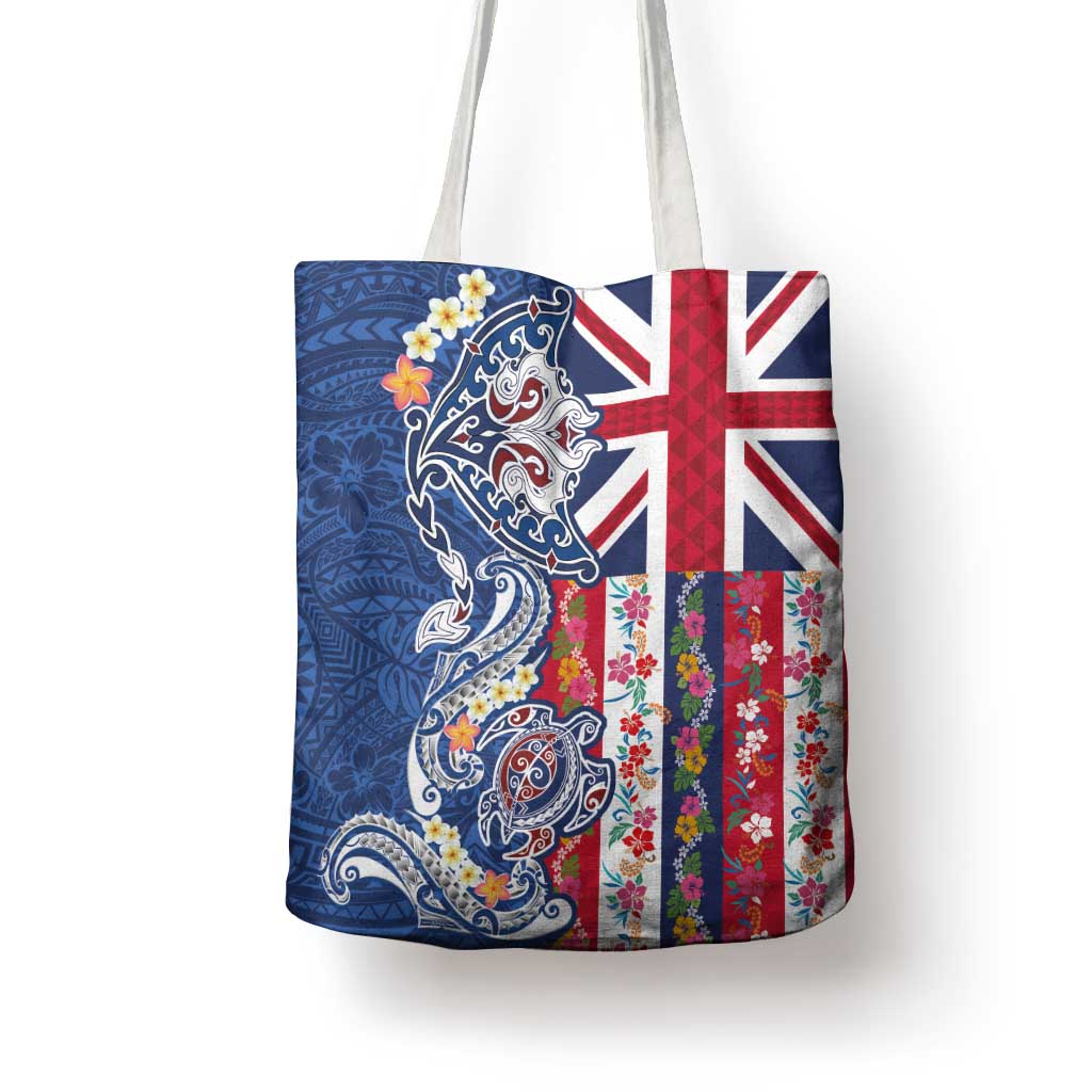Hawaiian Manta Ray and Turtle Tribal Tattoo Tote Bag With Hawaii Flag and Flowers
