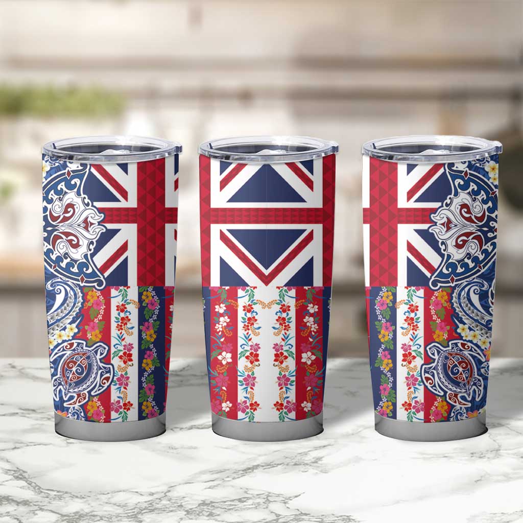 Hawaiian Manta Ray and Turtle Tribal Tattoo Tumbler Cup With Hawaii Flag and Flowers