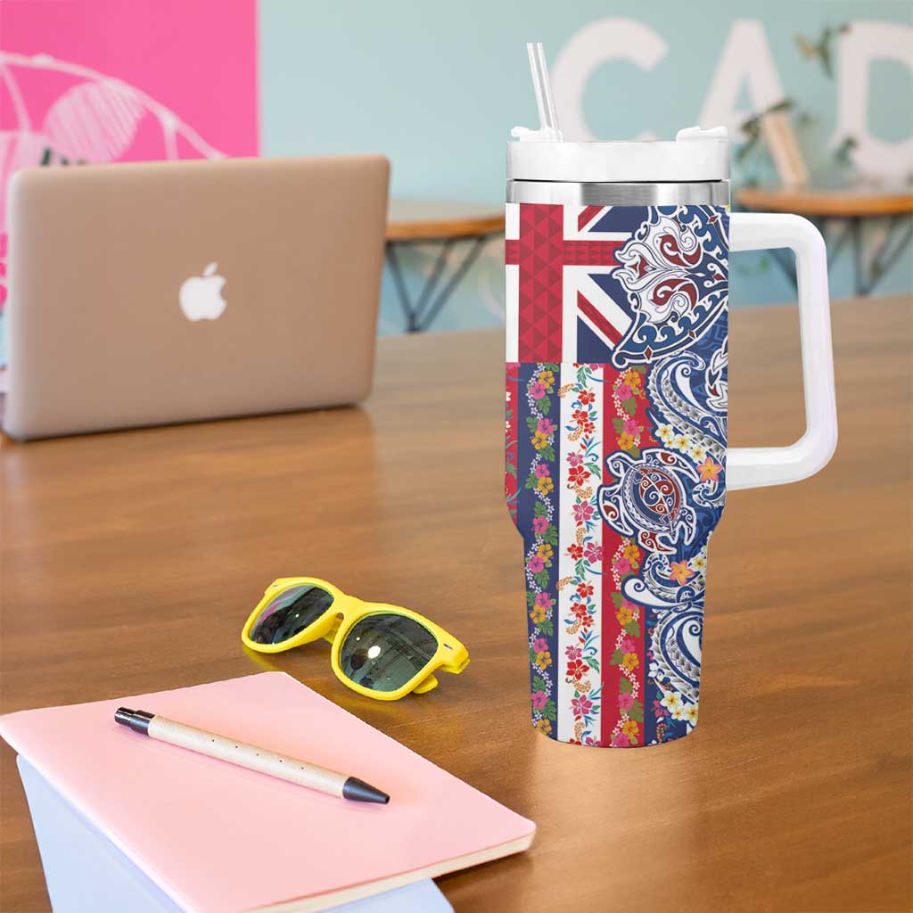 Hawaiian Manta Ray and Turtle Tribal Tattoo Tumbler With Handle With Hawaii Flag and Flowers