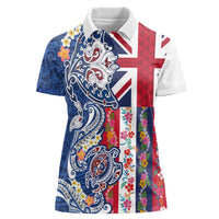Hawaiian Manta Ray and Turtle Tribal Tattoo Women Polo Shirt With Hawaii Flag and Flowers LT03 Female Multicolor - Polynesian Pride