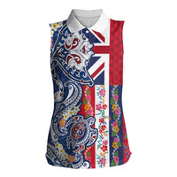 Hawaiian Manta Ray and Turtle Tribal Tattoo Women Sleeveless Polo Shirt With Hawaii Flag and Flowers LT03 Female Multicolor - Polynesian Pride