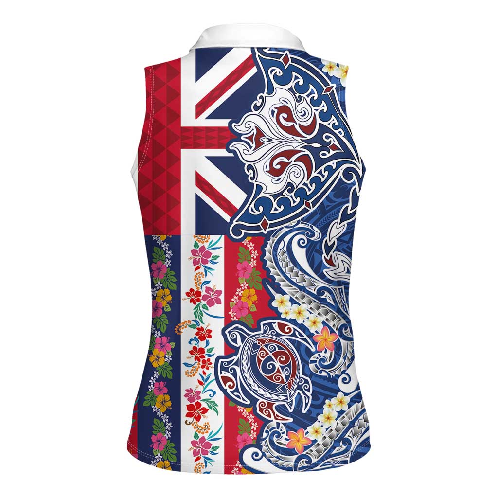 Hawaiian Manta Ray and Turtle Tribal Tattoo Women Sleeveless Polo Shirt With Hawaii Flag and Flowers LT03 - Polynesian Pride