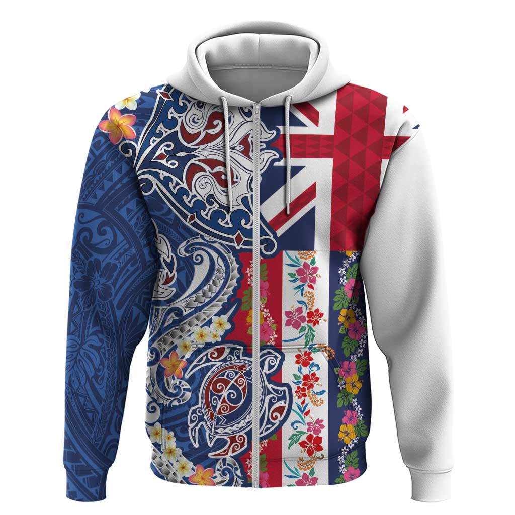Hawaiian Manta Ray and Turtle Tribal Tattoo Zip Hoodie With Hawaii Flag and Flowers