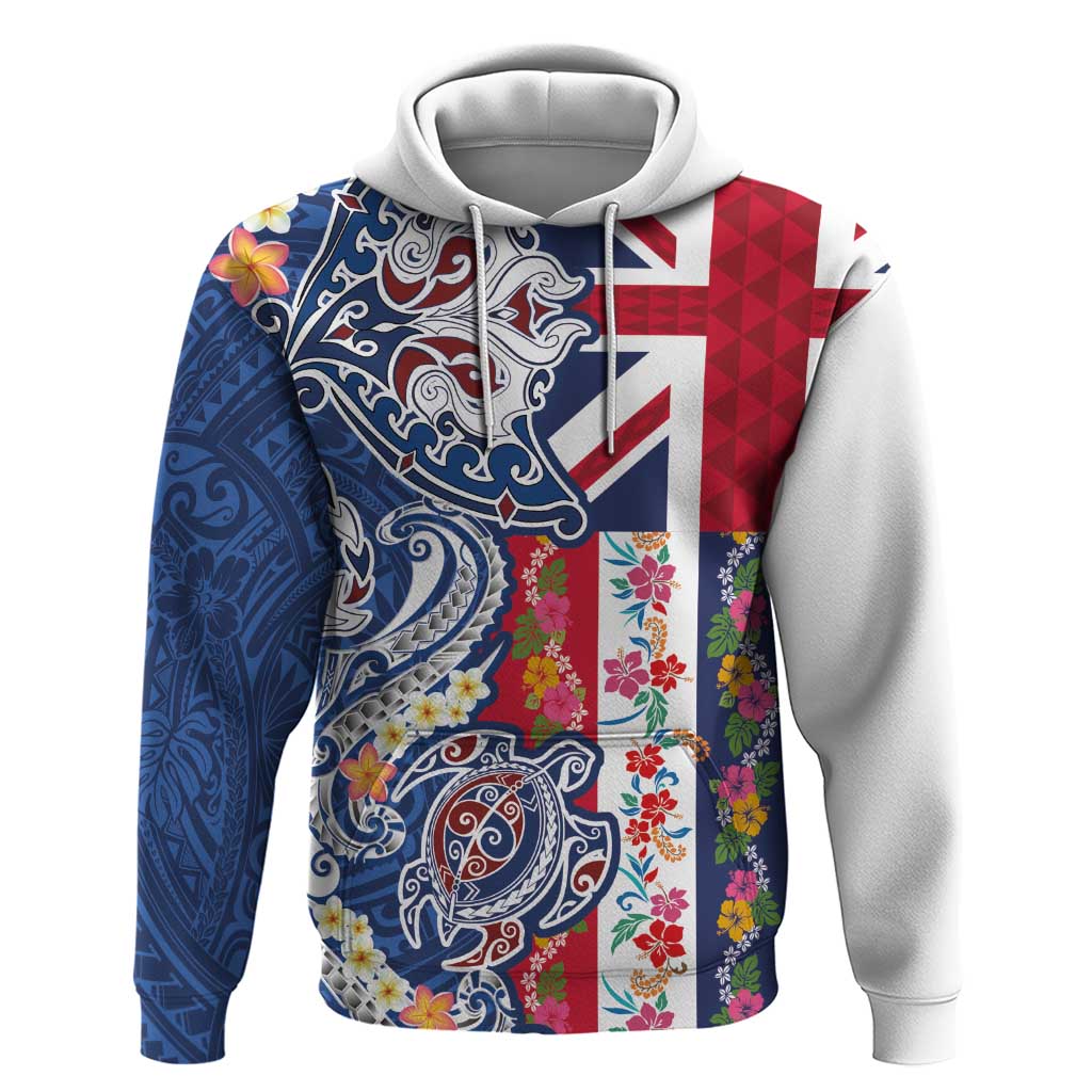 Hawaiian Manta Ray and Turtle Tribal Tattoo Zip Hoodie With Hawaii Flag and Flowers