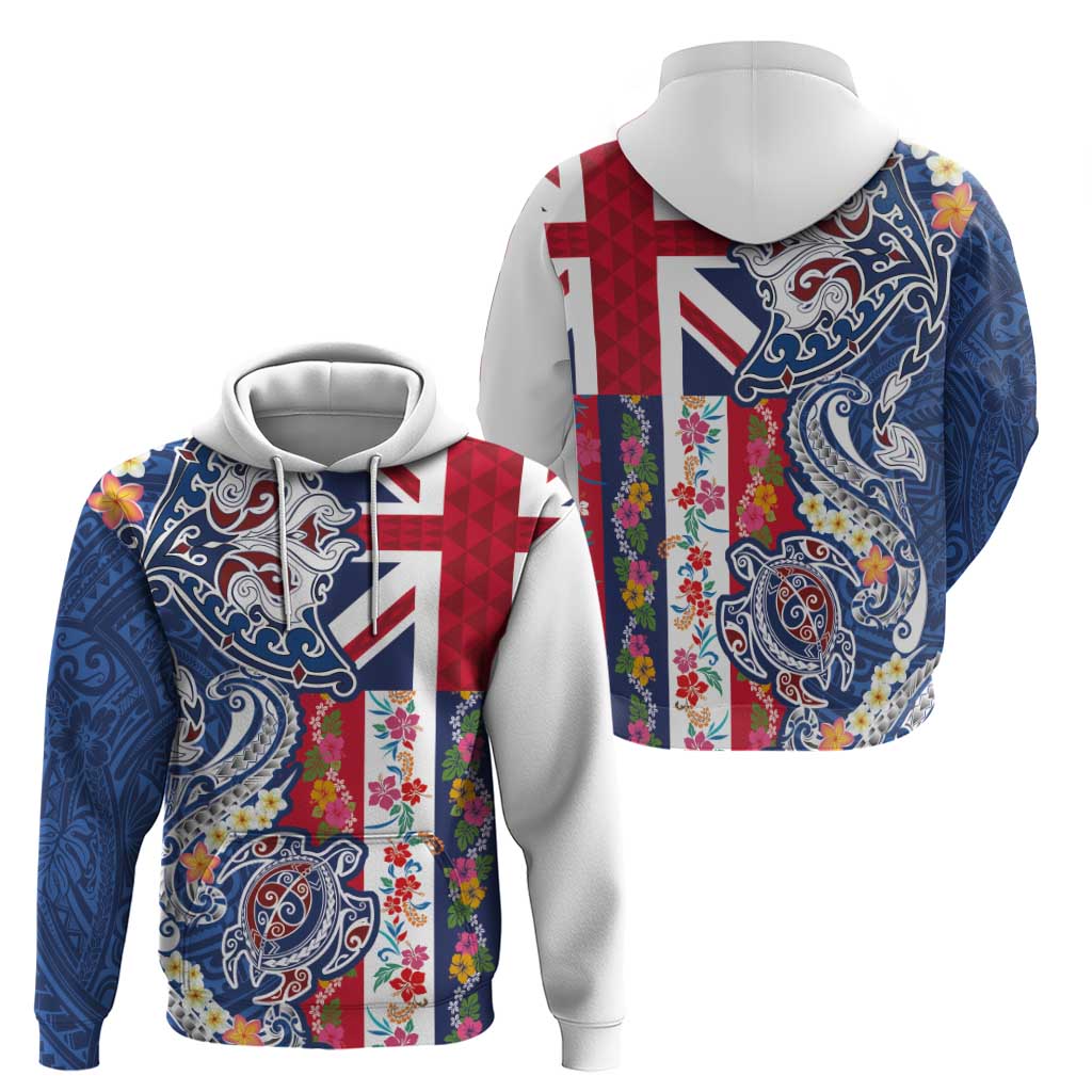 Hawaiian Manta Ray and Turtle Tribal Tattoo Zip Hoodie With Hawaii Flag and Flowers