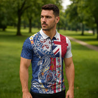 Hawaiian Manta Ray and Turtle Tribal Tattoo Zipper Polo Shirt With Hawaii Flag and Flowers LT03 - Polynesian Pride