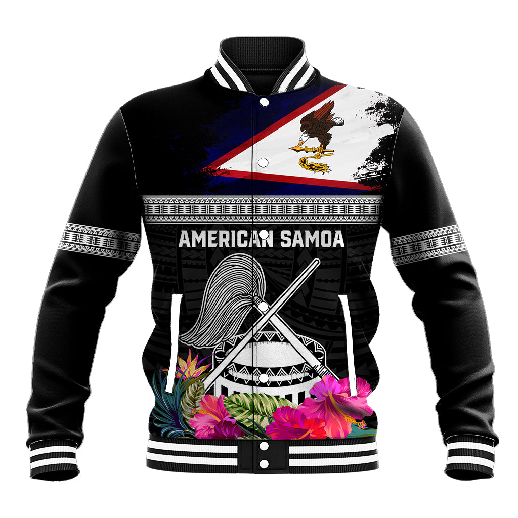 Personalized American Samoa Flag Day Baseball Jacket Tanoa and Fue mix Hibiscus Flower Polynesian Pattern