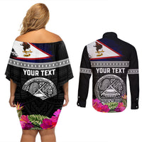Personalized American Samoa Flag Day Couples Matching Off Shoulder Short Dress and Long Sleeve Button Shirt Tanoa and Fue mix Hibiscus Flower Polynesian Pattern