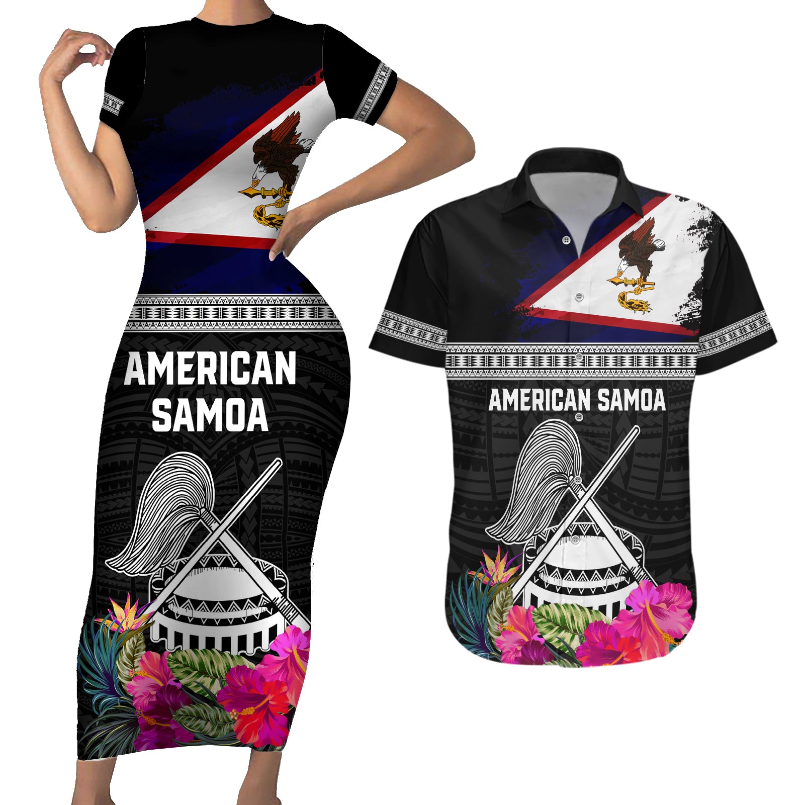 Personalized American Samoa Flag Day Couples Matching Short Sleeve Bodycon Dress and Hawaiian Shirt Tanoa and Fue mix Hibiscus Flower Polynesian Pattern