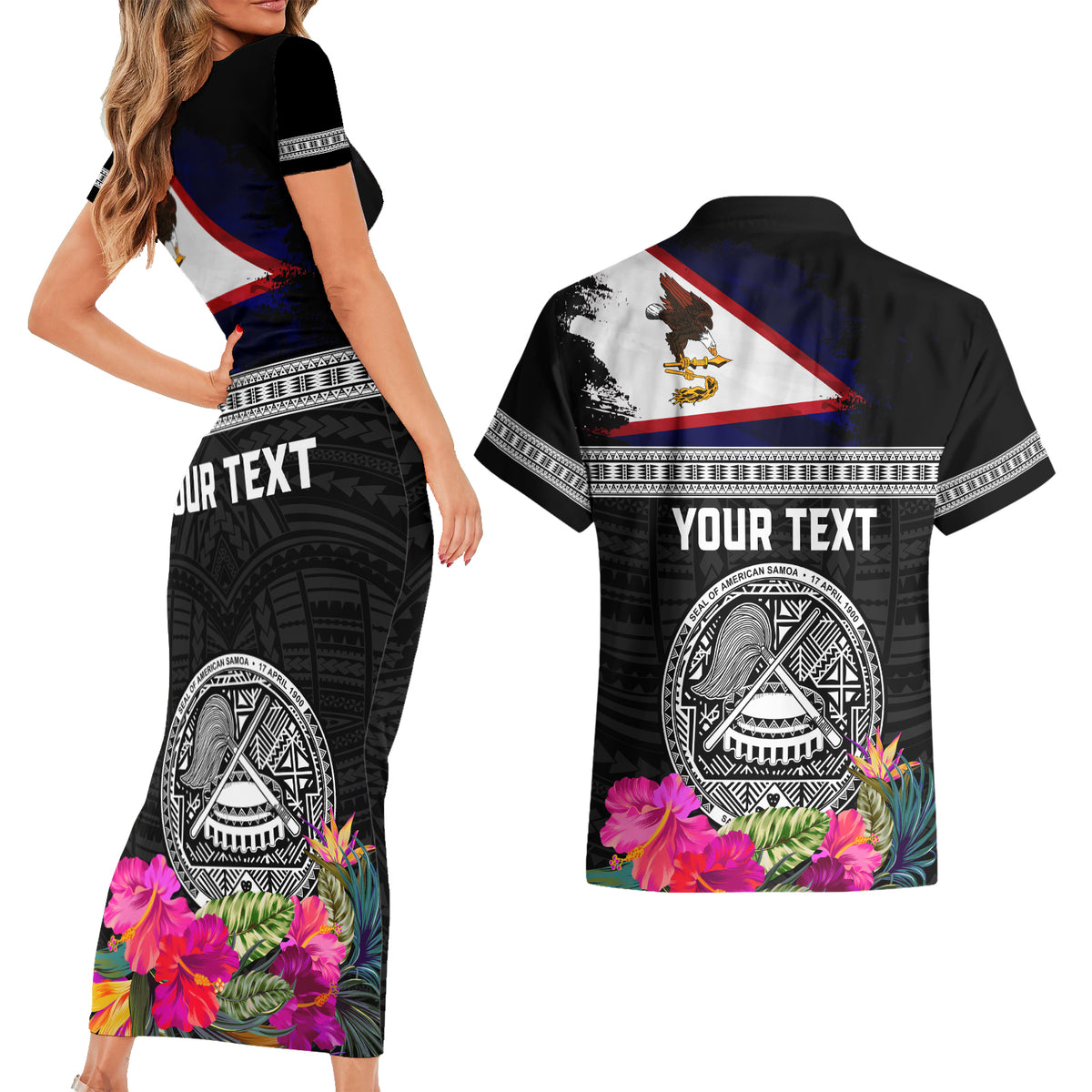 Personalized American Samoa Flag Day Couples Matching Short Sleeve Bodycon Dress and Hawaiian Shirt Tanoa and Fue mix Hibiscus Flower Polynesian Pattern LT03 - Polynesian Pride