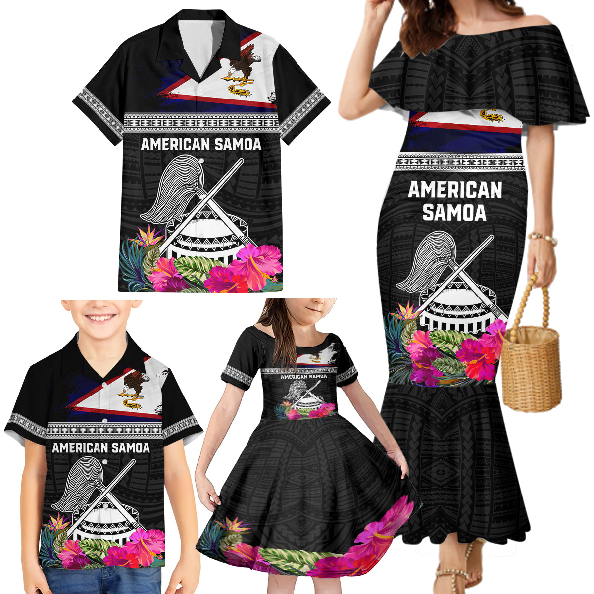 Personalized American Samoa Flag Day Family Matching Mermaid Dress and Hawaiian Shirt Tanoa and Fue mix Hibiscus Flower Polynesian Pattern