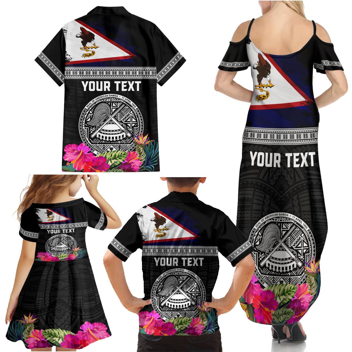 Personalized American Samoa Flag Day Family Matching Summer Maxi Dress and Hawaiian Shirt Tanoa and Fue mix Hibiscus Flower Polynesian Pattern