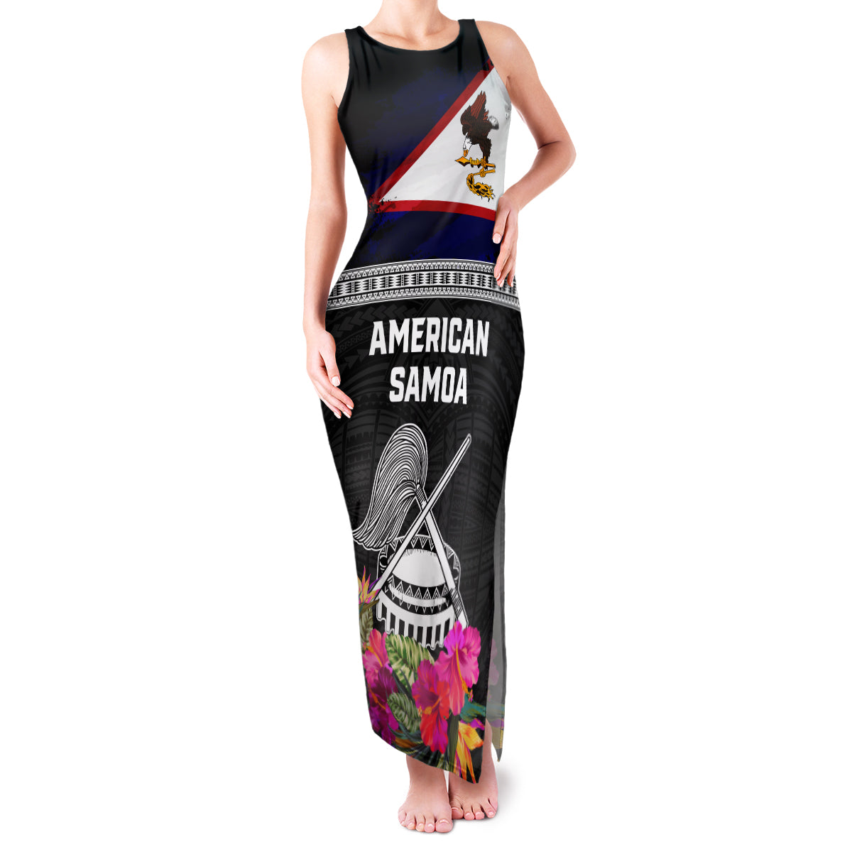 Personalized American Samoa Flag Day Family Matching Tank Maxi Dress and Hawaiian Shirt Tanoa and Fue mix Hibiscus Flower Polynesian Pattern