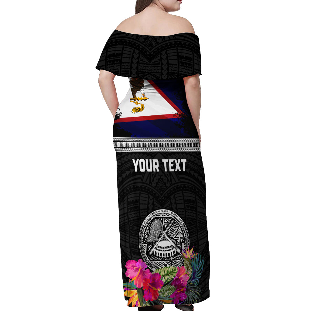 Personalized American Samoa Flag Day Off Shoulder Maxi Dress Tanoa and Fue mix Hibiscus Flower Polynesian Pattern
