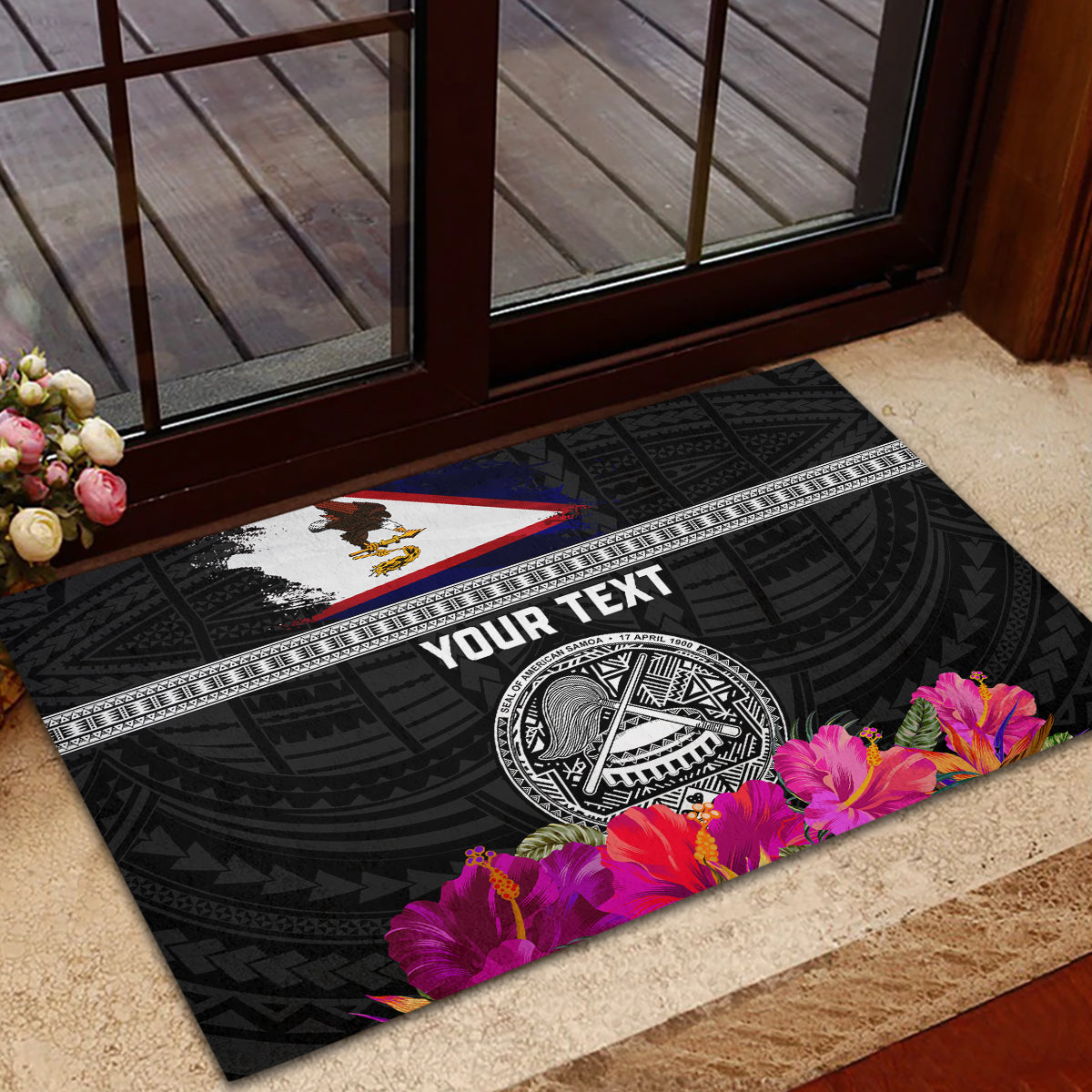 Personalized American Samoa Flag Day Rubber Doormat Tanoa and Fue mix Hibiscus Flower Polynesian Pattern