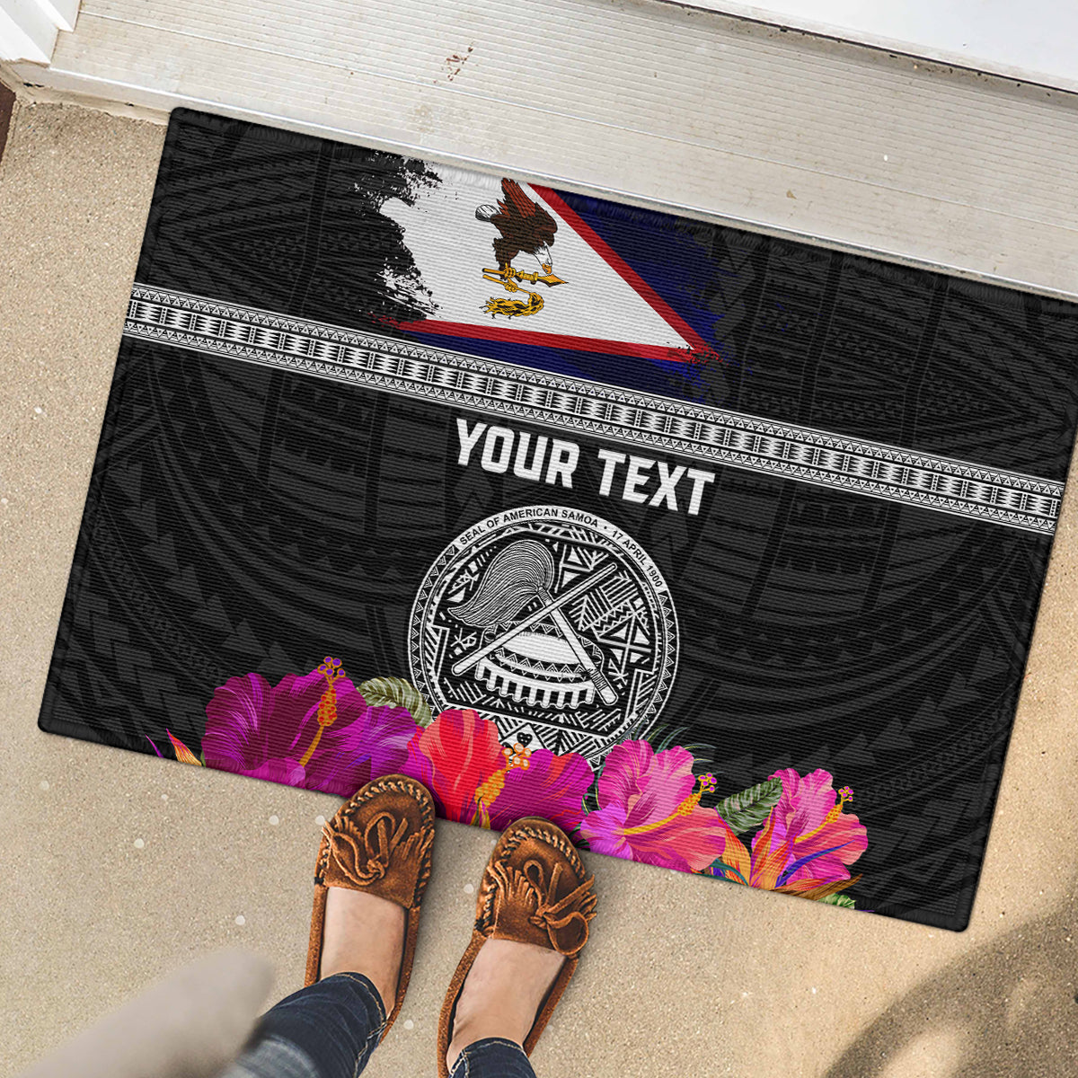 Personalized American Samoa Flag Day Rubber Doormat Tanoa and Fue mix Hibiscus Flower Polynesian Pattern