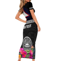 Personalized American Samoa Flag Day Short Sleeve Bodycon Dress Tanoa and Fue mix Hibiscus Flower Polynesian Pattern
