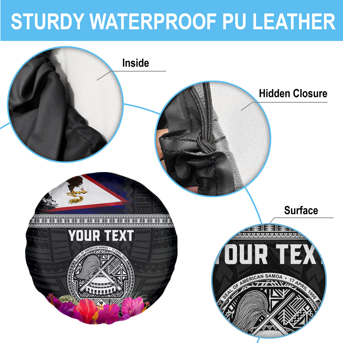 Personalized American Samoa Flag Day Spare Tire Cover Tanoa and Fue mix Hibiscus Flower Polynesian Pattern