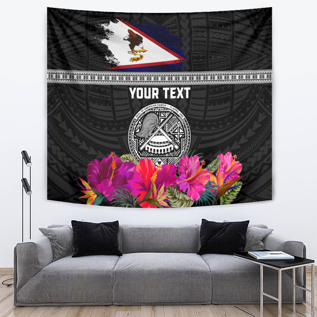 Personalized American Samoa Flag Day Tapestry Tanoa and Fue mix Hibiscus Flower Polynesian Pattern