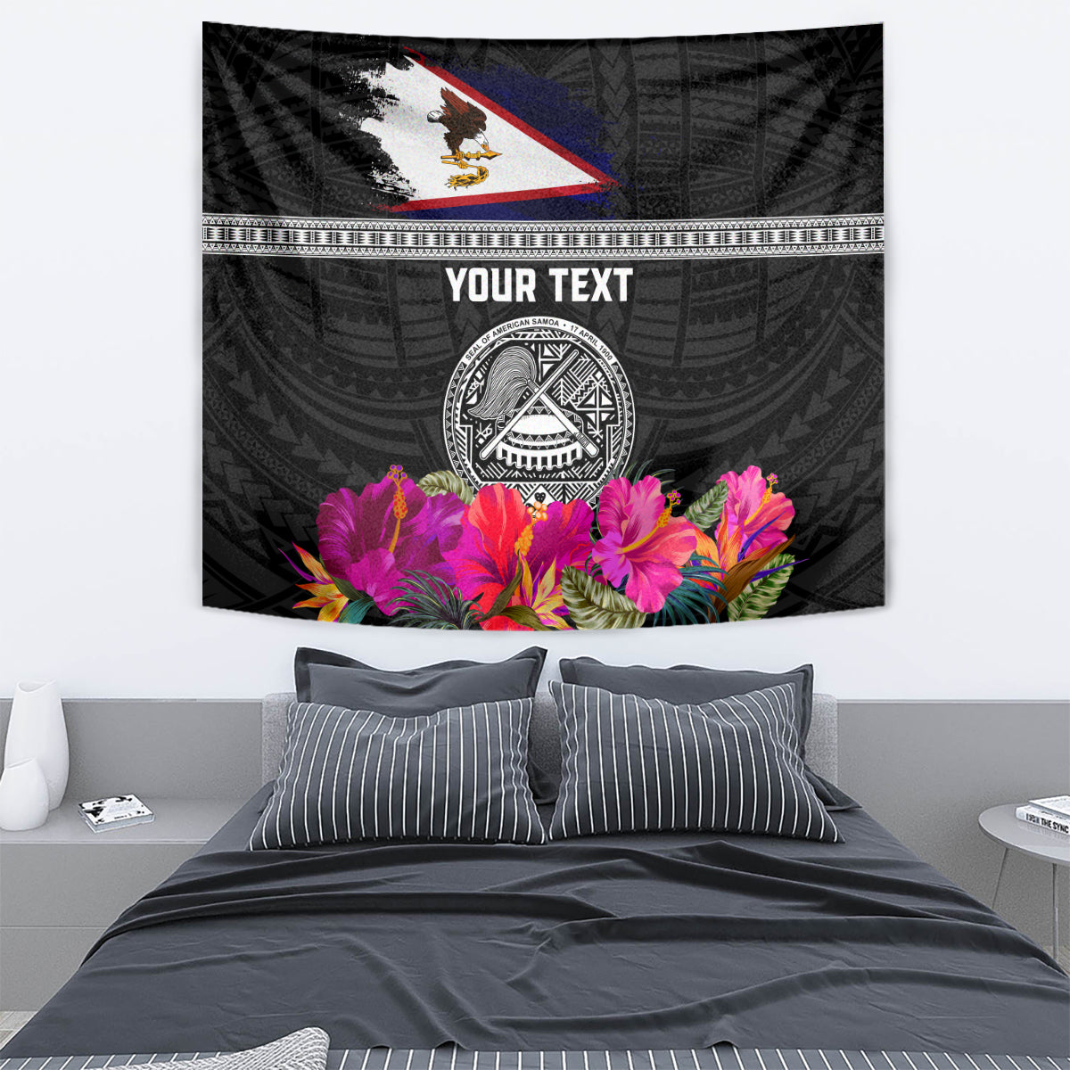 Personalized American Samoa Flag Day Tapestry Tanoa and Fue mix Hibiscus Flower Polynesian Pattern