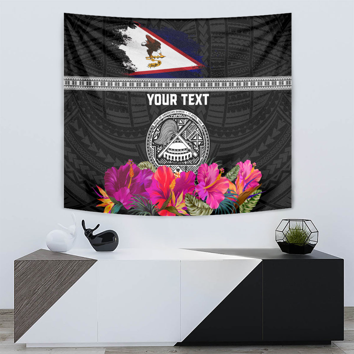 Personalized American Samoa Flag Day Tapestry Tanoa and Fue mix Hibiscus Flower Polynesian Pattern