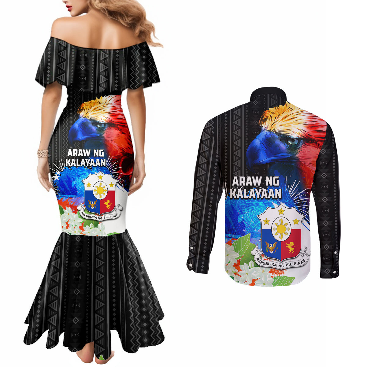 Philippines Independence Day Couples Matching Mermaid Dress and Long Sleeve Button Shirt Philippines Eagle and Sampaguita Jasmine Yakan Tribal
