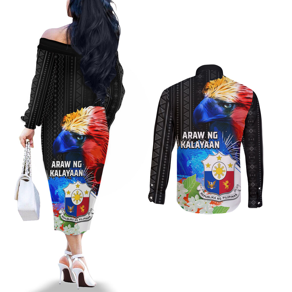 Philippines Independence Day Couples Matching Off The Shoulder Long Sleeve Dress and Long Sleeve Button Shirt Philippines Eagle and Sampaguita Jasmine Yakan Tribal