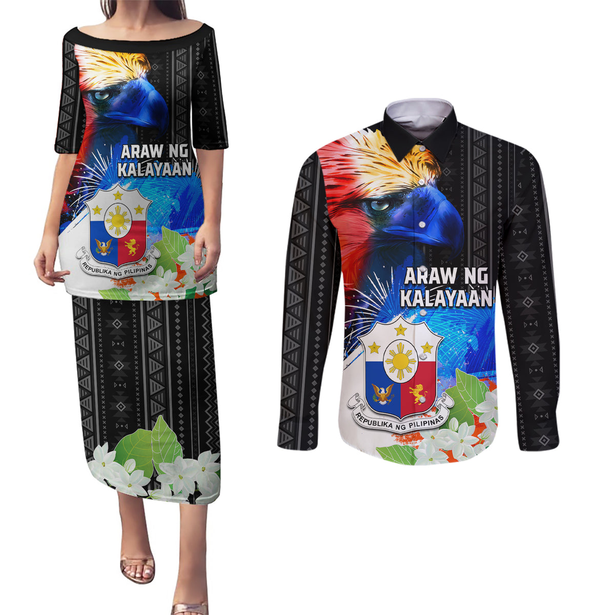 Philippines Independence Day Couples Matching Puletasi and Long Sleeve Button Shirt Philippines Eagle and Sampaguita Jasmine Yakan Tribal
