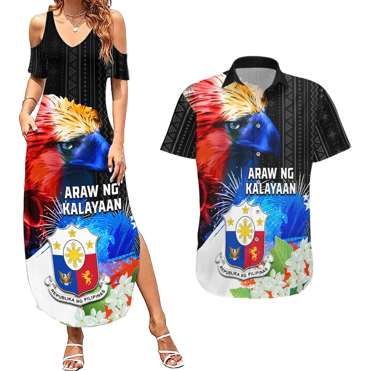 Philippines Independence Day Couples Matching Summer Maxi Dress and Hawaiian Shirt Philippines Eagle and Sampaguita Jasmine Yakan Tribal