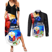 Philippines Independence Day Couples Matching Summer Maxi Dress and Long Sleeve Button Shirt Philippines Eagle and Sampaguita Jasmine Yakan Tribal