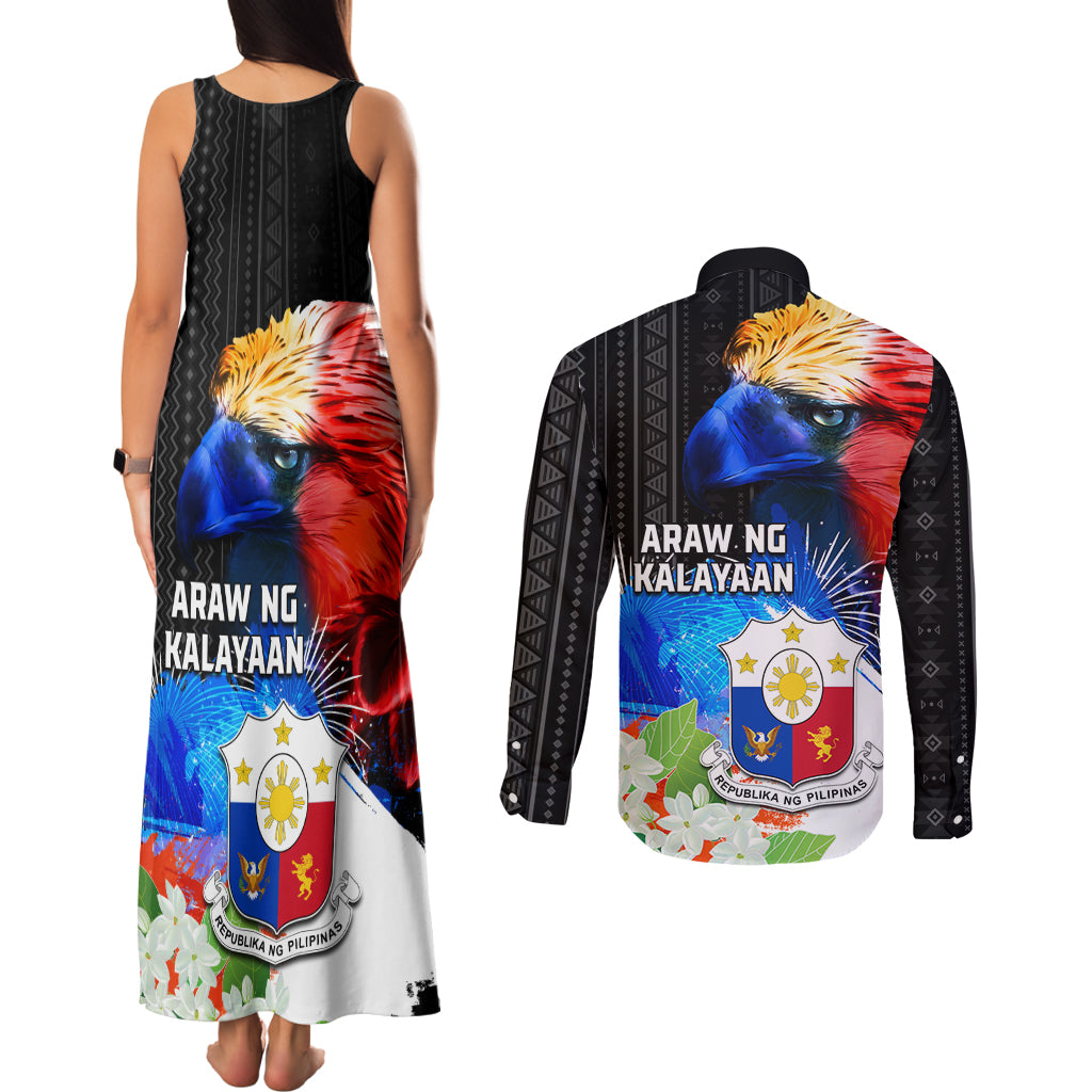 Philippines Independence Day Couples Matching Tank Maxi Dress and Long Sleeve Button Shirt Philippines Eagle and Sampaguita Jasmine Yakan Tribal