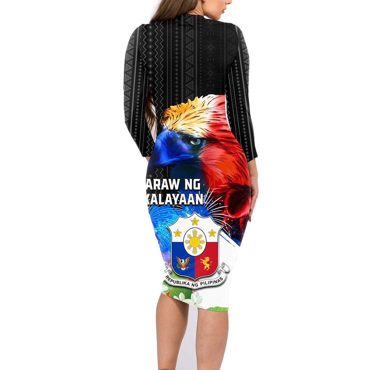 Philippines Independence Day Family Matching Long Sleeve Bodycon Dress and Hawaiian Shirt Philippines Eagle and Sampaguita Jasmine Yakan Tribal