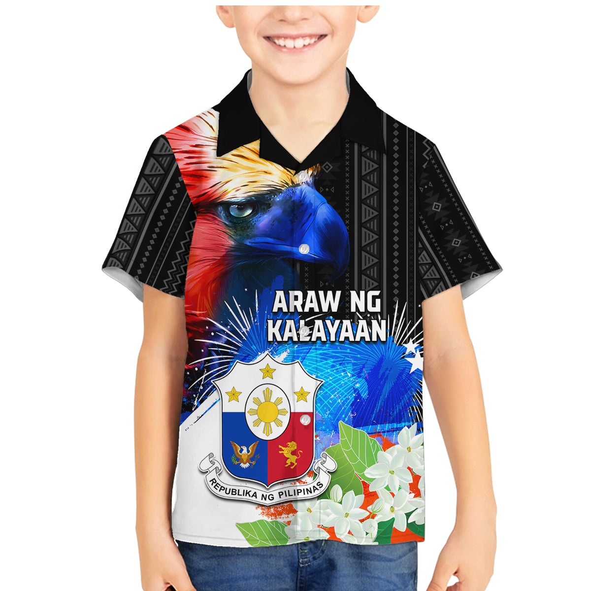 Philippines Independence Day Family Matching Mermaid Dress and Hawaiian Shirt Philippines Eagle and Sampaguita Jasmine Yakan Tribal