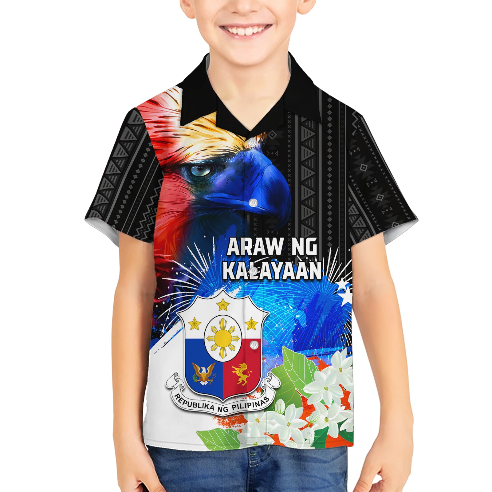 Philippines Independence Day Kid Hawaiian Shirt Philippines Eagle and Sampaguita Jasmine Yakan Tribal