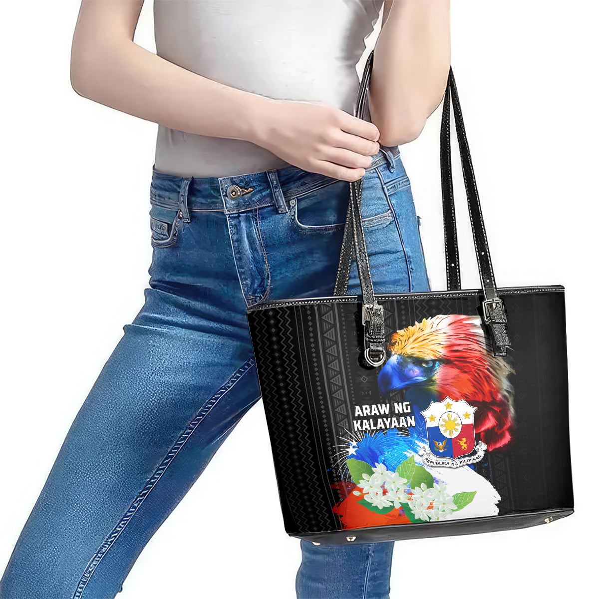 Philippines Independence Day Leather Tote Bag Philippines Eagle and Sampaguita Jasmine Yakan Tribal