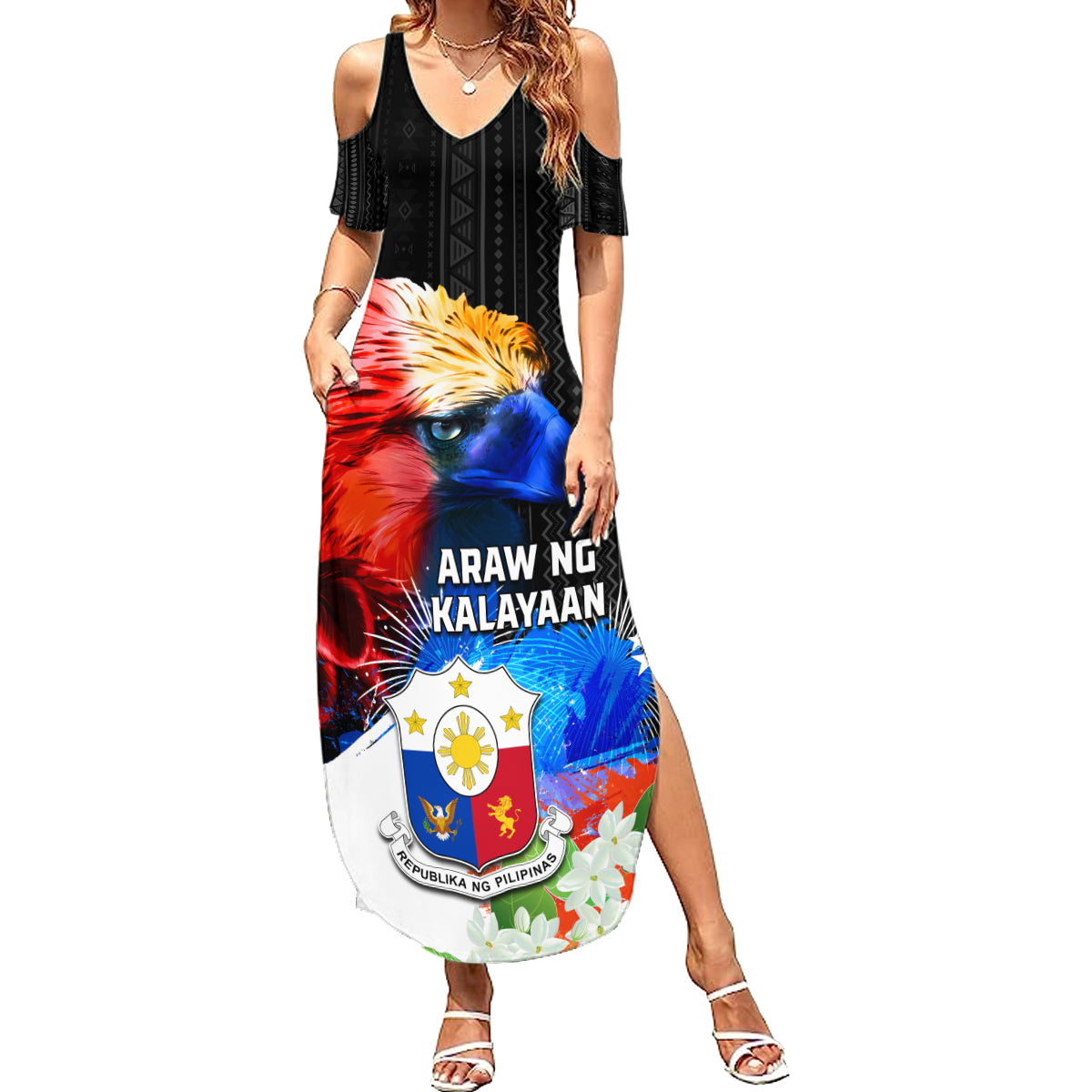 Philippines Independence Day Summer Maxi Dress Philippines Eagle and Sampaguita Jasmine Yakan Tribal