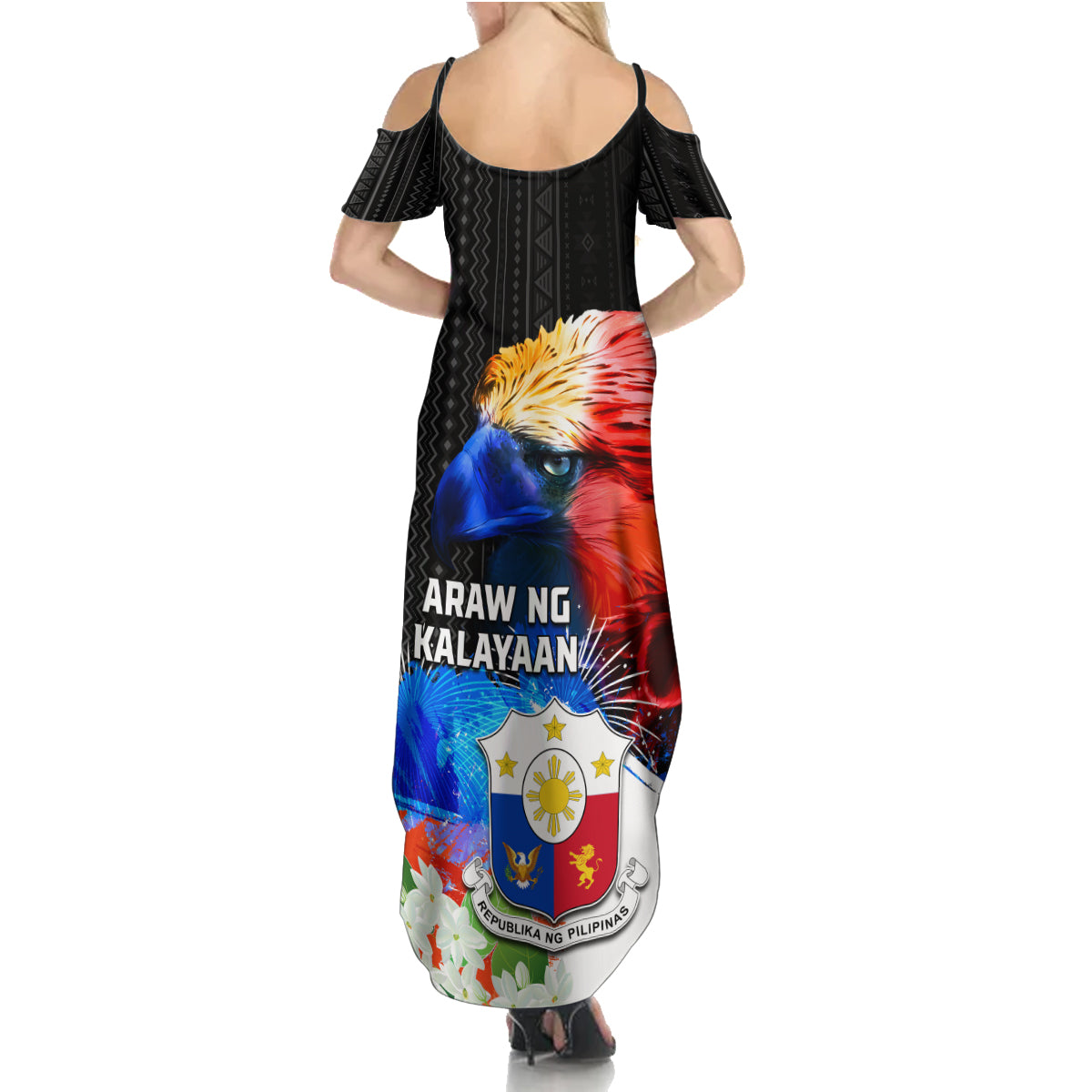 Philippines Independence Day Summer Maxi Dress Philippines Eagle and Sampaguita Jasmine Yakan Tribal