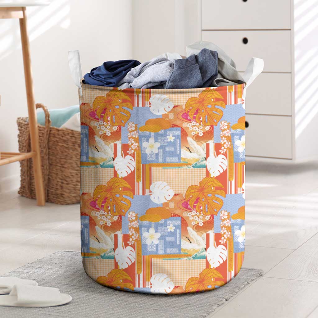 Hawaiian and Japanese Culture Together Laundry Basket Palaka Japanese Art and Tropical Motif Tribal Patchwork