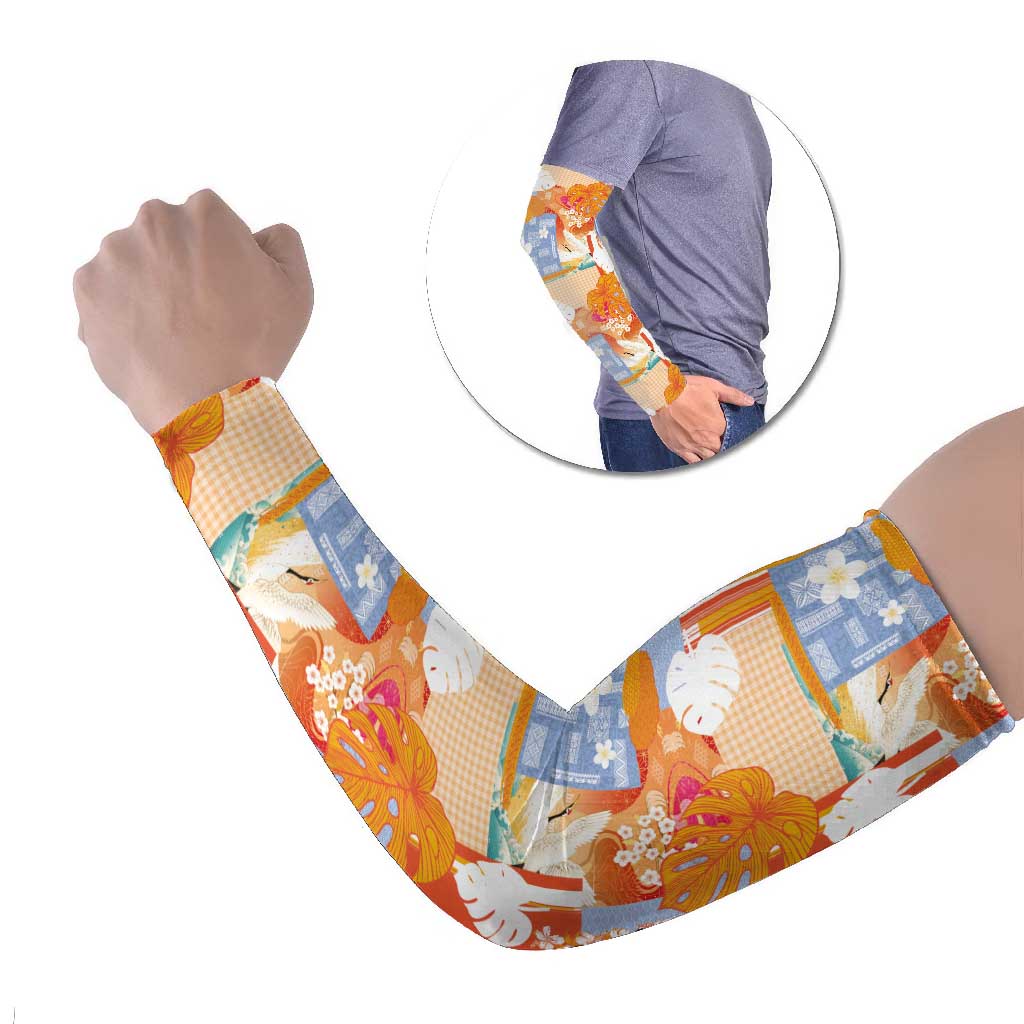 Hawaiian and Japanese Culture Together Arm Sleeves Palaka Japanese Art and Tropical Motif Tribal Patchwork