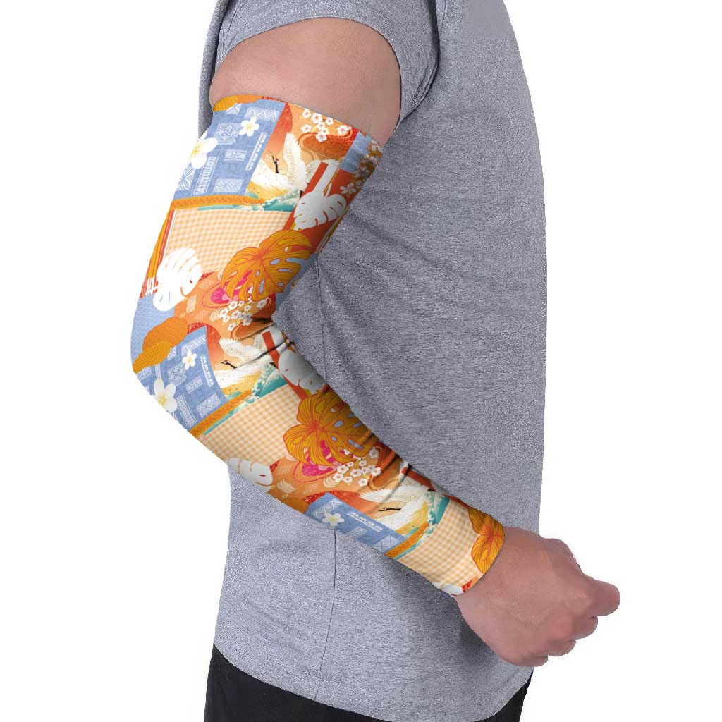 Hawaiian and Japanese Culture Together Arm Sleeves Palaka Japanese Art and Tropical Motif Tribal Patchwork LT03 - Polynesian Pride