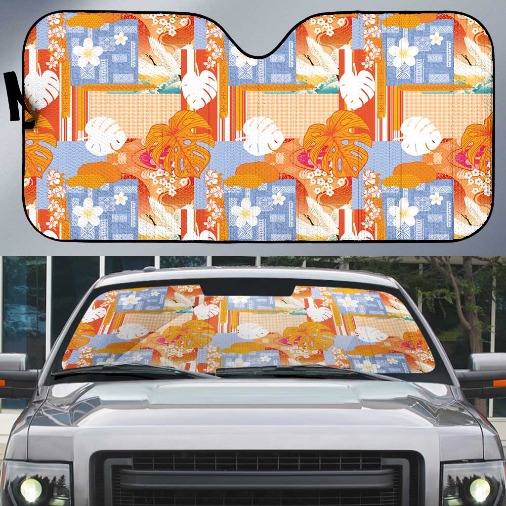 Hawaiian and Japanese Culture Together Auto Sun Shade Palaka Japanese Art and Tropical Motif Tribal Patchwork LT03 Multicolor - Polynesian Pride