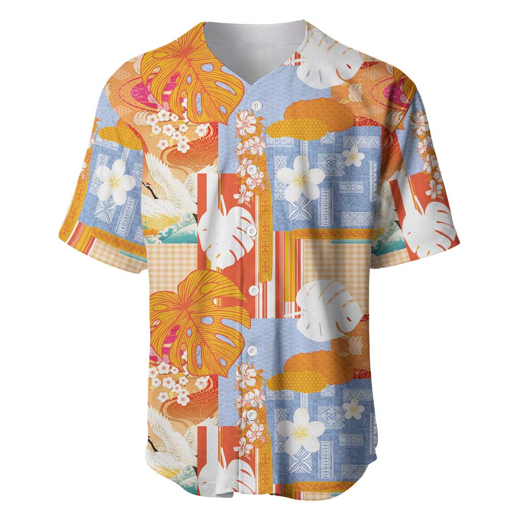 Hawaiian and Japanese Culture Together Baseball Jersey Palaka Japanese Art and Tropical Motif Tribal Patchwork LT03 Multicolor - Polynesian Pride