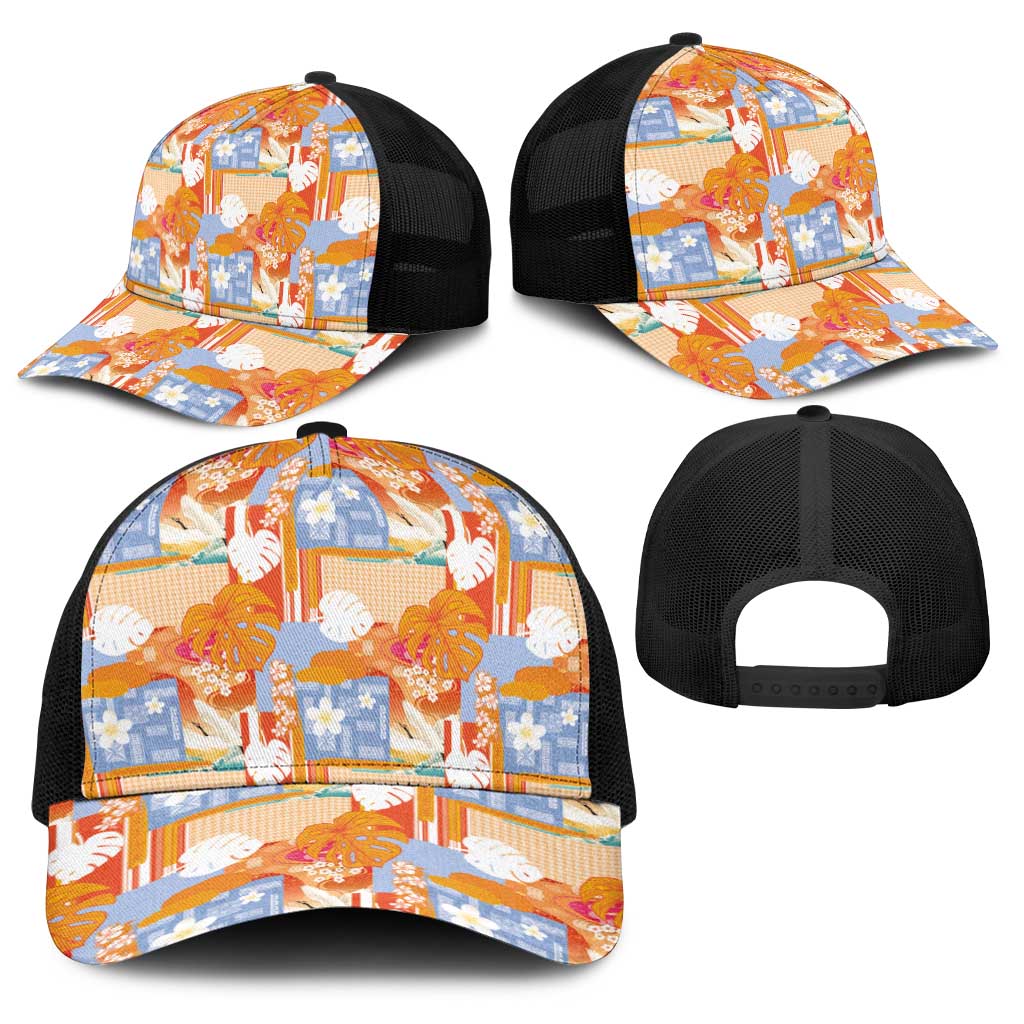 Hawaiian and Japanese Culture Together Baseball Net Cap Palaka Japanese Art and Tropical Motif Tribal Patchwork