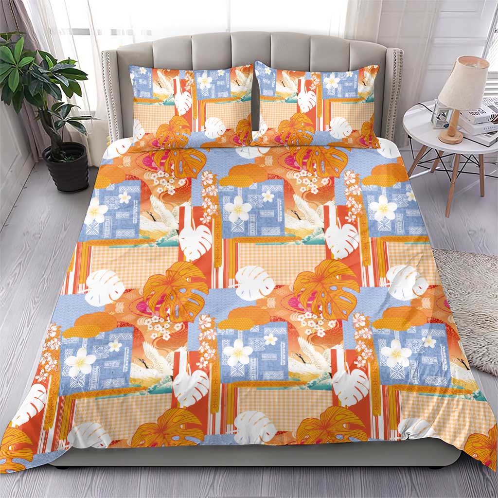 Hawaiian and Japanese Culture Together Bedding Set Palaka Japanese Art and Tropical Motif Tribal Patchwork