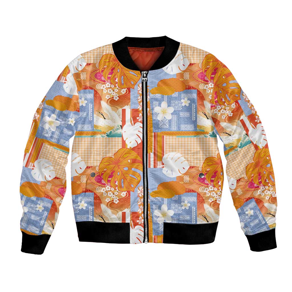Hawaiian and Japanese Culture Together Bomber Jacket Palaka Japanese Art and Tropical Motif Tribal Patchwork