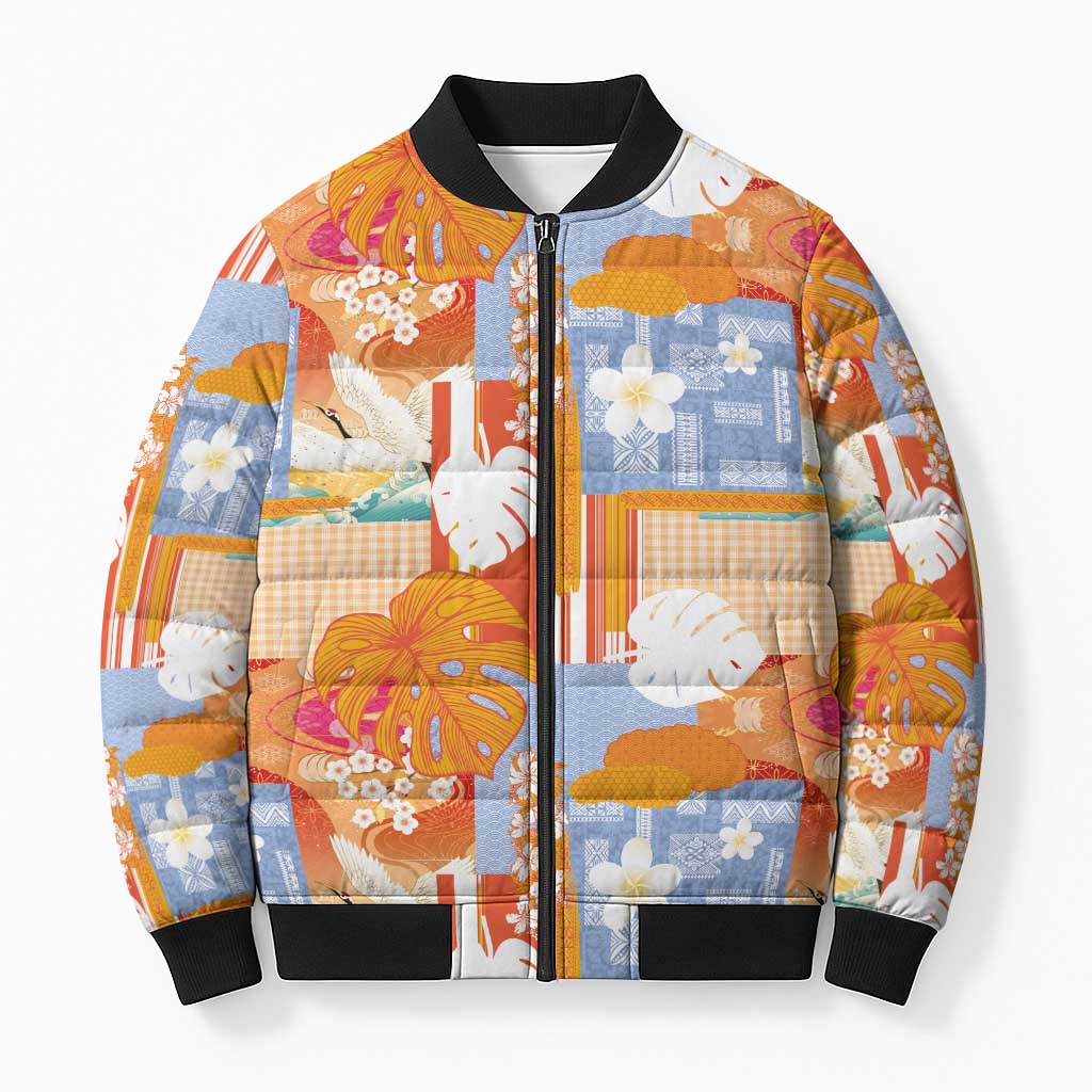 Hawaiian and Japanese Culture Together Bomber Puffer Jacket Palaka Japanese Art and Tropical Motif Tribal Patchwork