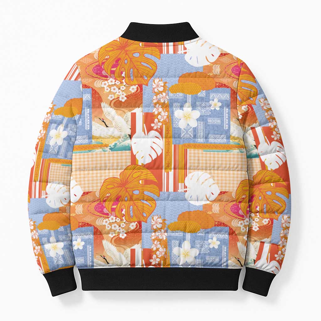 Hawaiian and Japanese Culture Together Bomber Puffer Jacket Palaka Japanese Art and Tropical Motif Tribal Patchwork