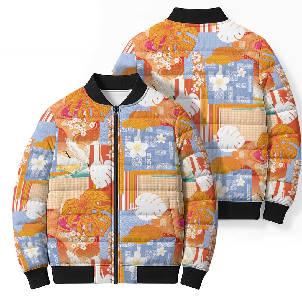 Hawaiian and Japanese Culture Together Bomber Puffer Jacket Palaka Japanese Art and Tropical Motif Tribal Patchwork