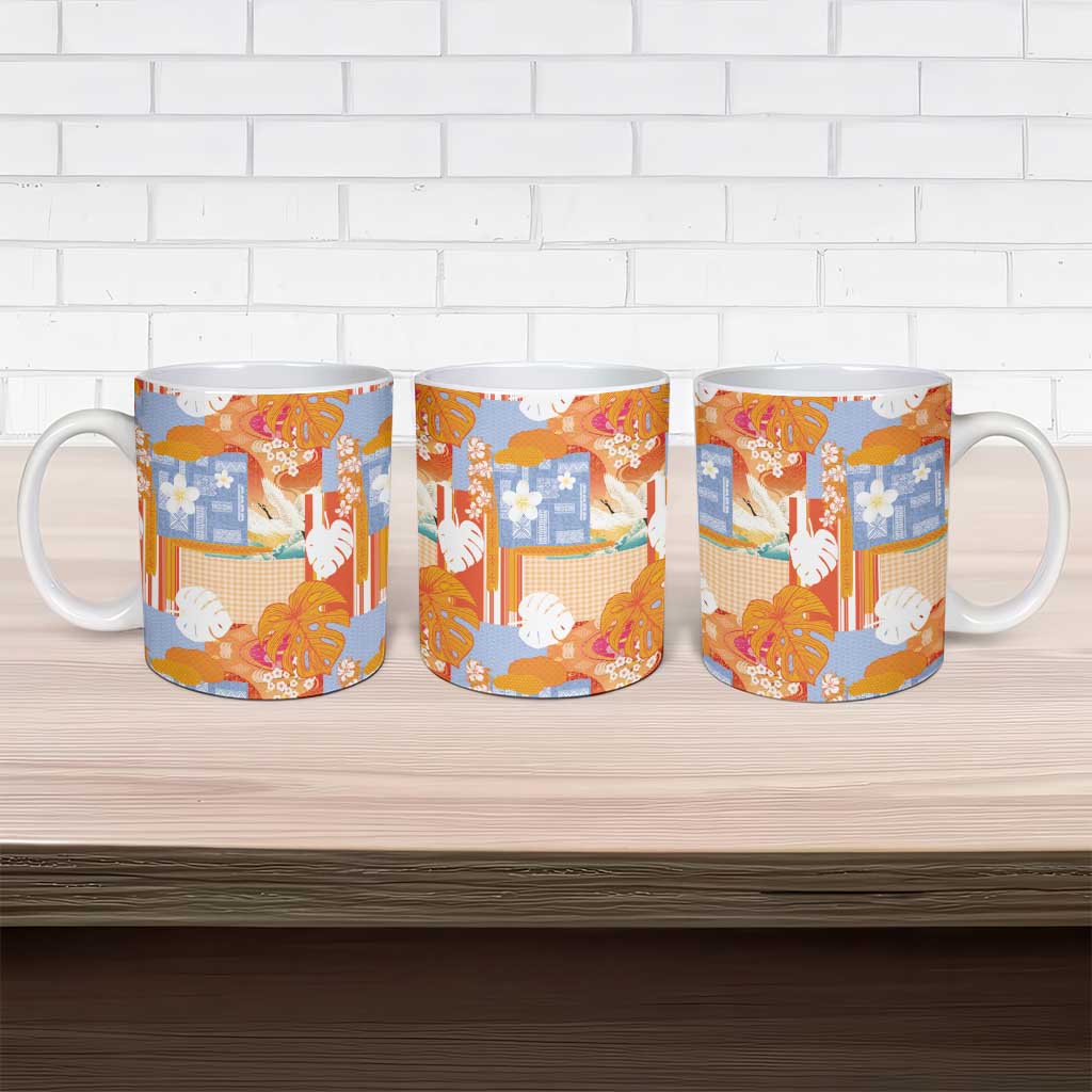 Hawaiian and Japanese Culture Together Ceramic Mug Palaka Japanese Art and Tropical Motif Tribal Patchwork